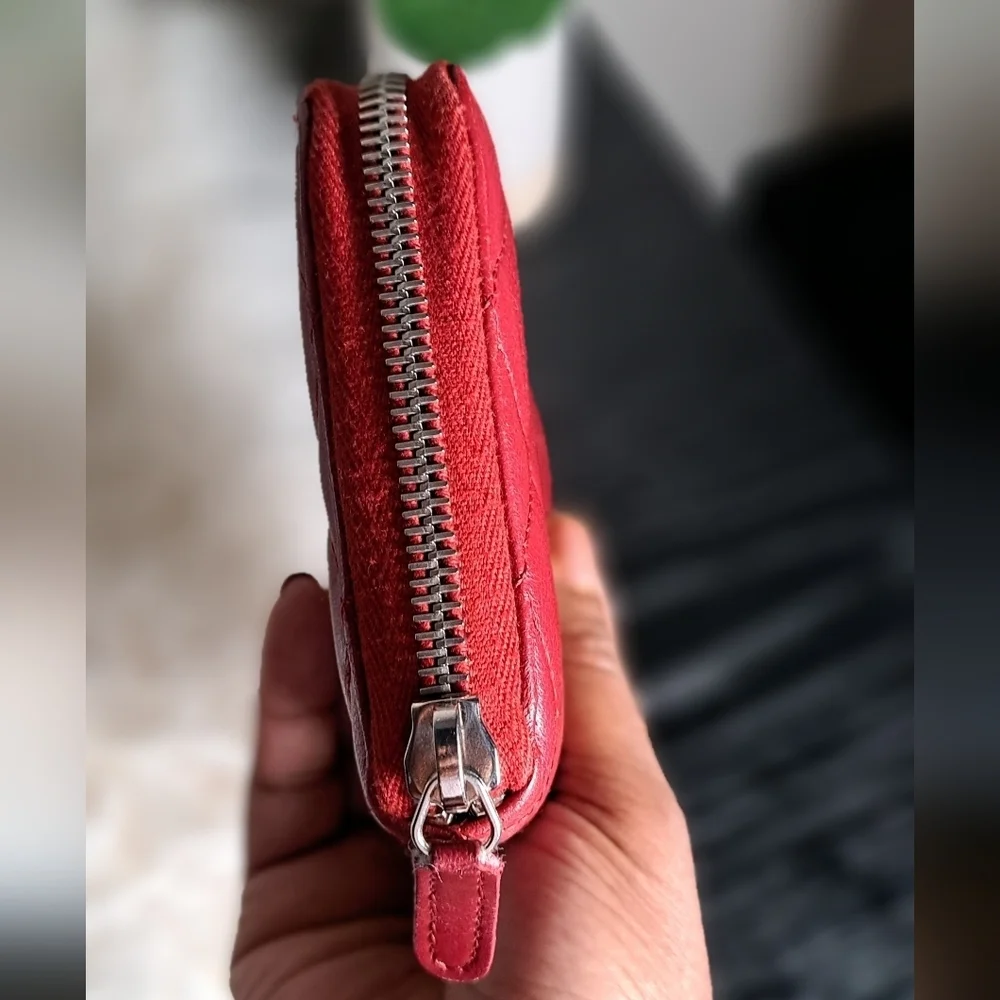 Chanel Red Quilted Cavier Zip Around Wallet With COA